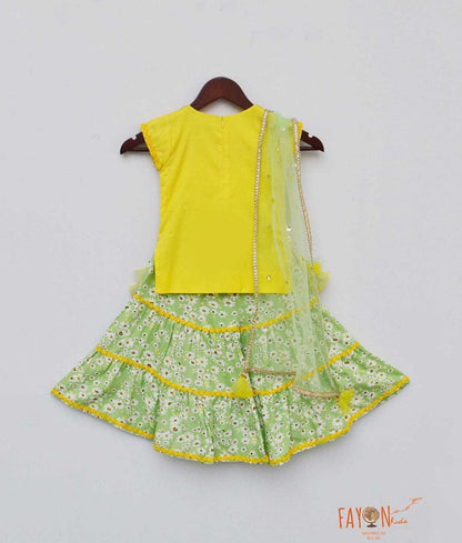Yellow Cotton Silk Green Printed Sharara with Kurti Boti Net Dupatta for Girls