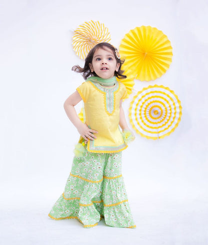 Fayon Kids Yellow Cotton Silk Green Printed Sharara with Kurti Boti Net Dupatta for Girls
