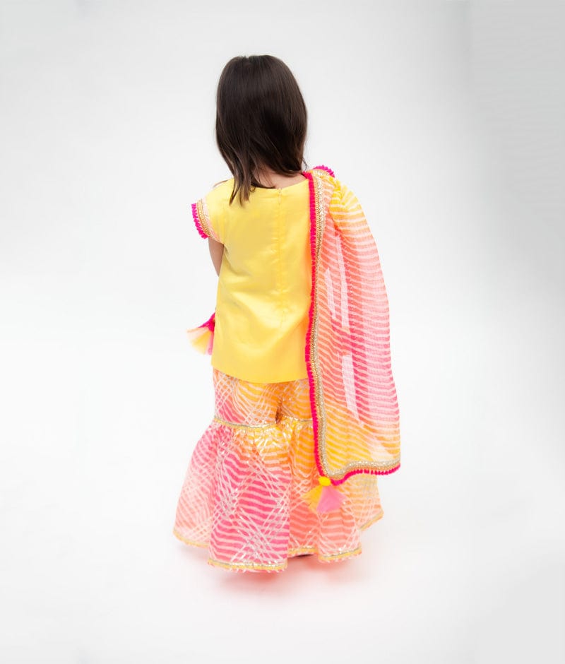 Fayon Kids Yellow Cotton Silk Pink Kotta Print Sharara with Kurti Printed Kotta Dupatta for Girls