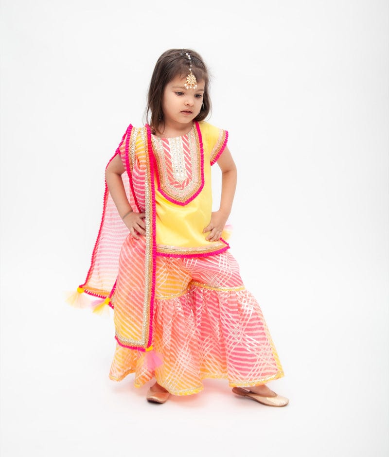 Fayon Kids Yellow Cotton Silk Pink Kotta Print Sharara with Kurti Printed Kotta Dupatta for Girls
