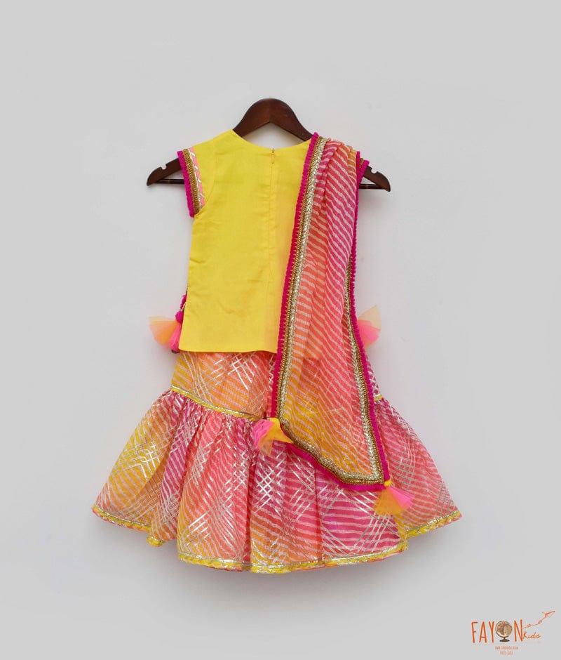 Fayon Kids Yellow Cotton Silk Pink Kotta Print Sharara with Kurti Printed Kotta Dupatta for Girls