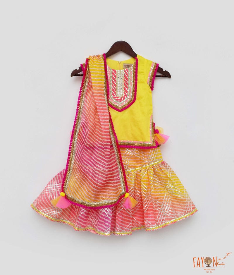 Fayon Kids Yellow Cotton Silk Pink Kotta Print Sharara with Kurti Printed Kotta Dupatta for Girls