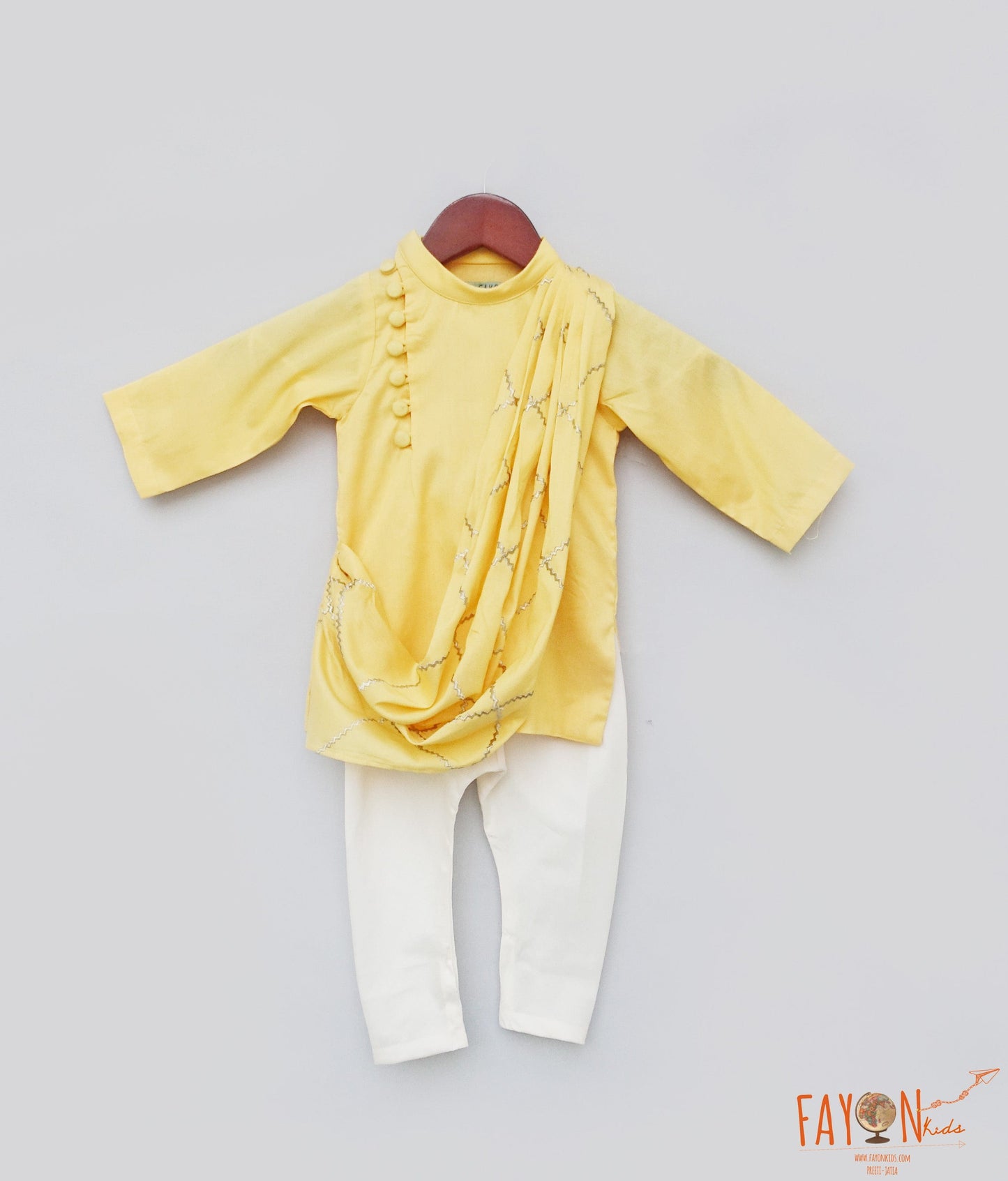 Fayon Kids Yellow Cowl Kurta Off white Churidar Embroidered Kurta Set for Boys