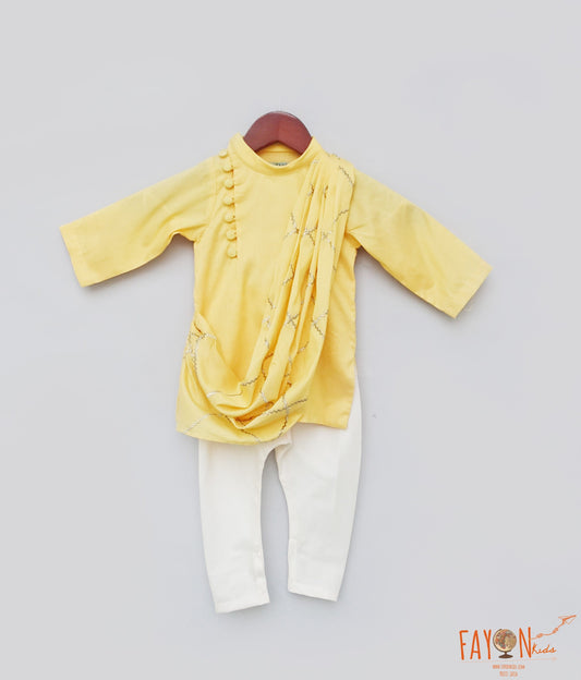 Fayon Kids Yellow Cowl Kurta Off white Churidar Embroidered Kurta Set for Boys