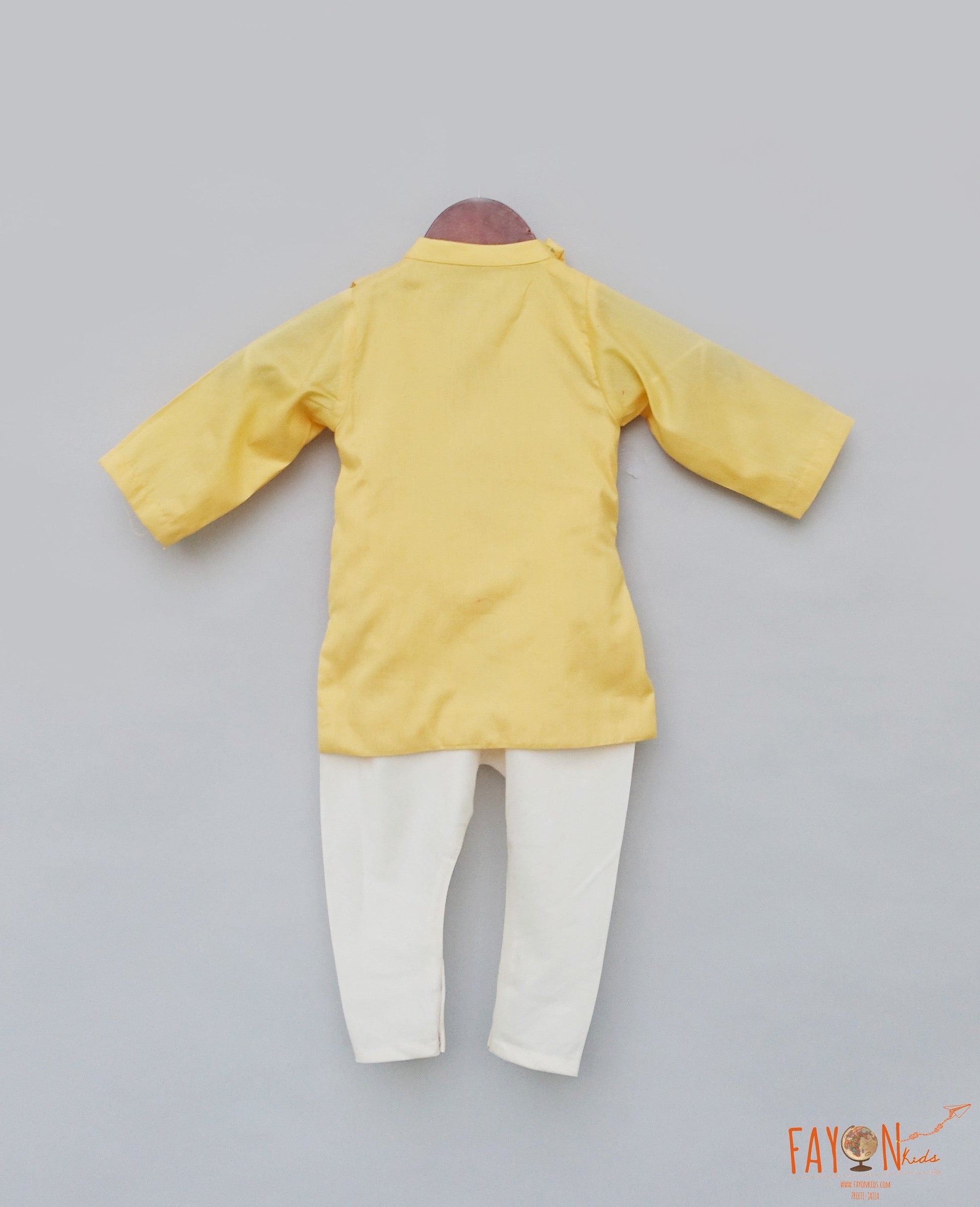 Yellow Cowl Kurta Off white Churidar Embroidered Kurta Set for Boys