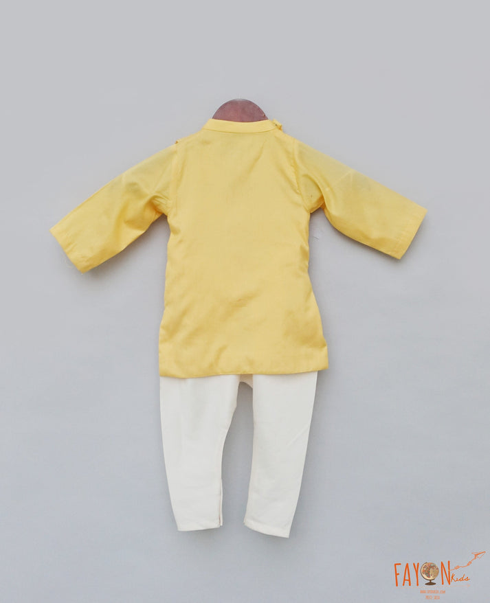 Yellow Cowl Kurta Off white Churidar Embroidered Kurta Set for Boys