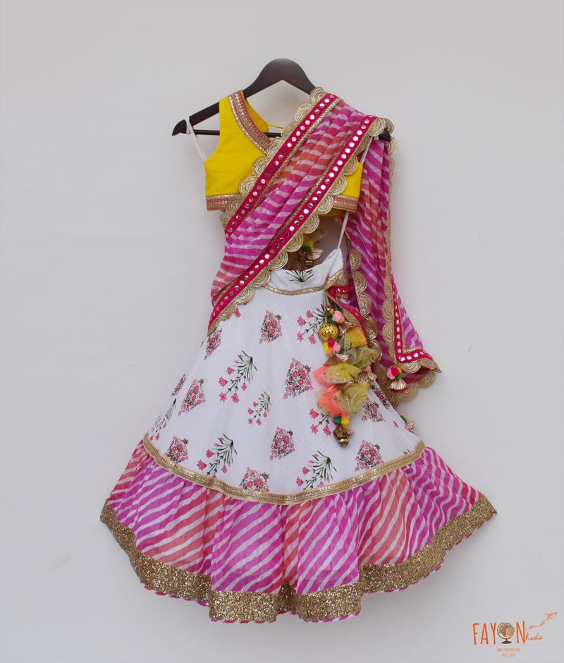 Fayon Kids Yellow Dupion Silk White Printed Lehenga with Choli Leheriya Dupatta for Girls