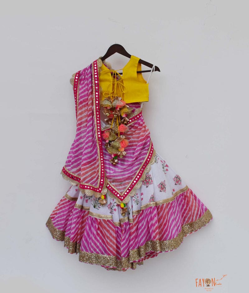 Yellow Dupion Silk White Printed Lehenga with Choli Leheriya Dupatta for Girls