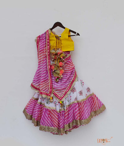 Yellow Dupion Silk White Printed Lehenga with Choli Leheriya Dupatta for Girls
