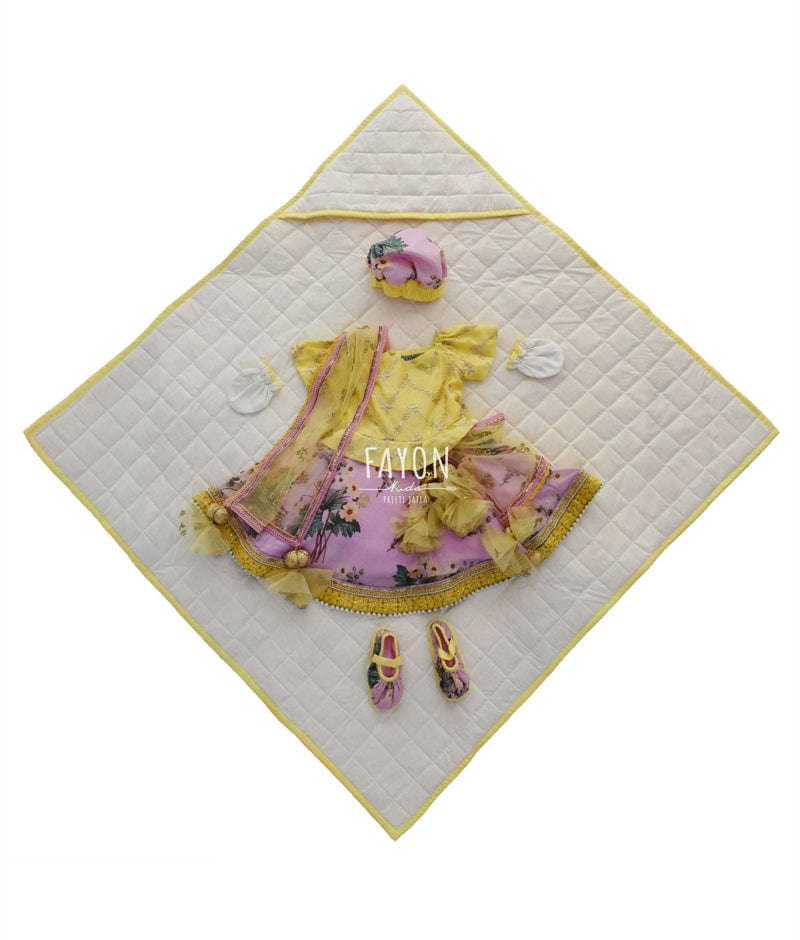 Fayon Kids Yellow Embroidery Choli Purple Printed Lehenga Jamna Set for Girls