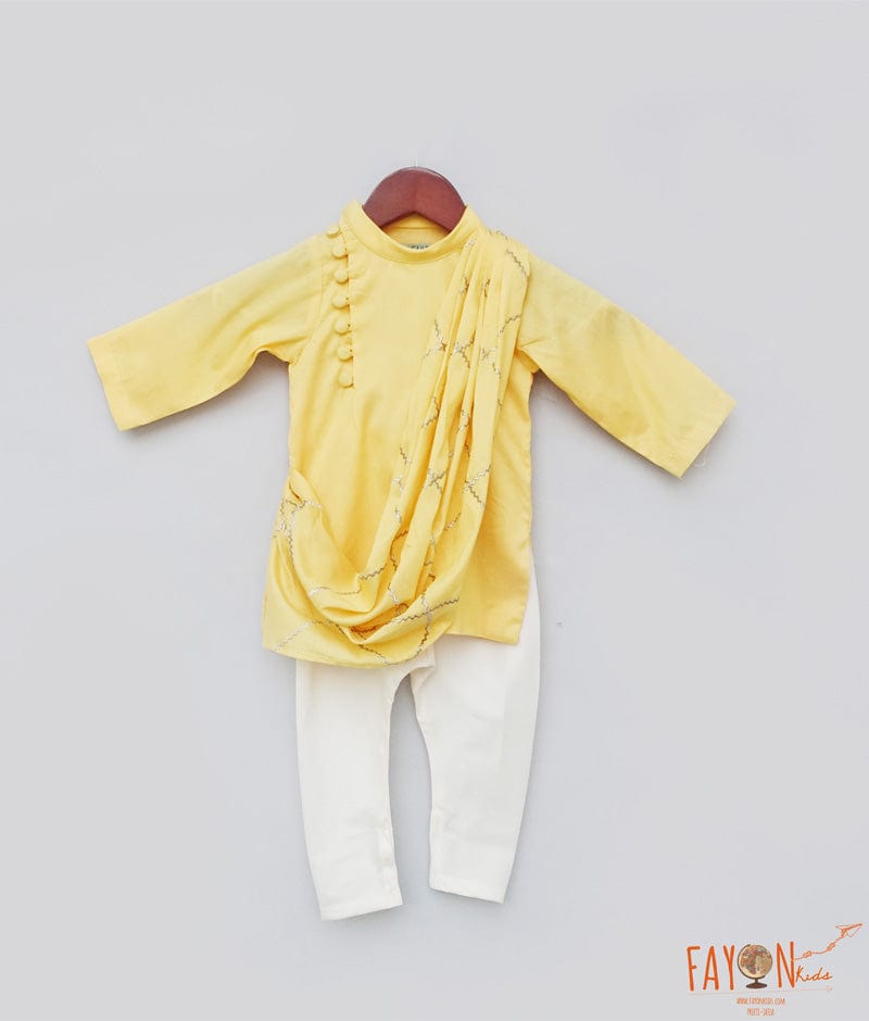 Yellow Embroidery Cowl Kurta with Off White Chudidar for Boys