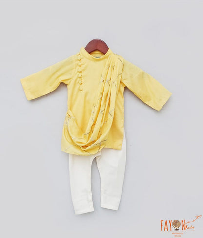 Yellow Embroidery Cowl Kurta with Off White Chudidar for Boys
