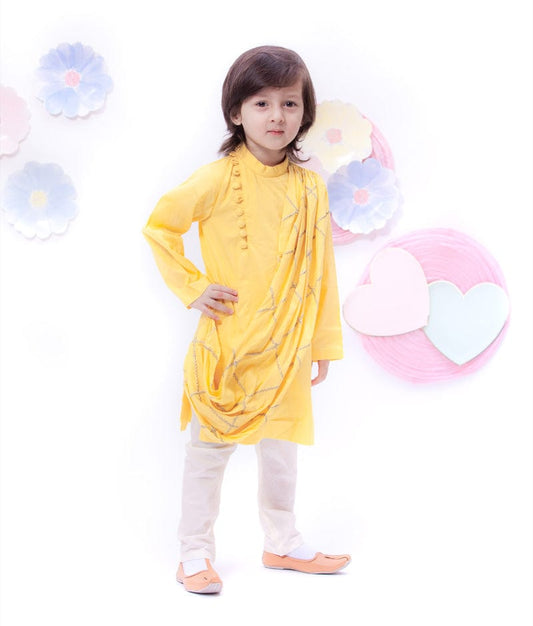 Yellow Embroidery Cowl Kurta with Off White Chudidar for Boys