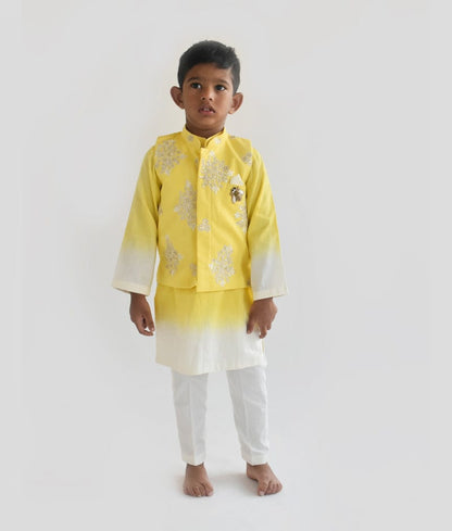 Fayon Kids Yellow Embroidery Jacket and Shaded Kurta and Pant for Boys