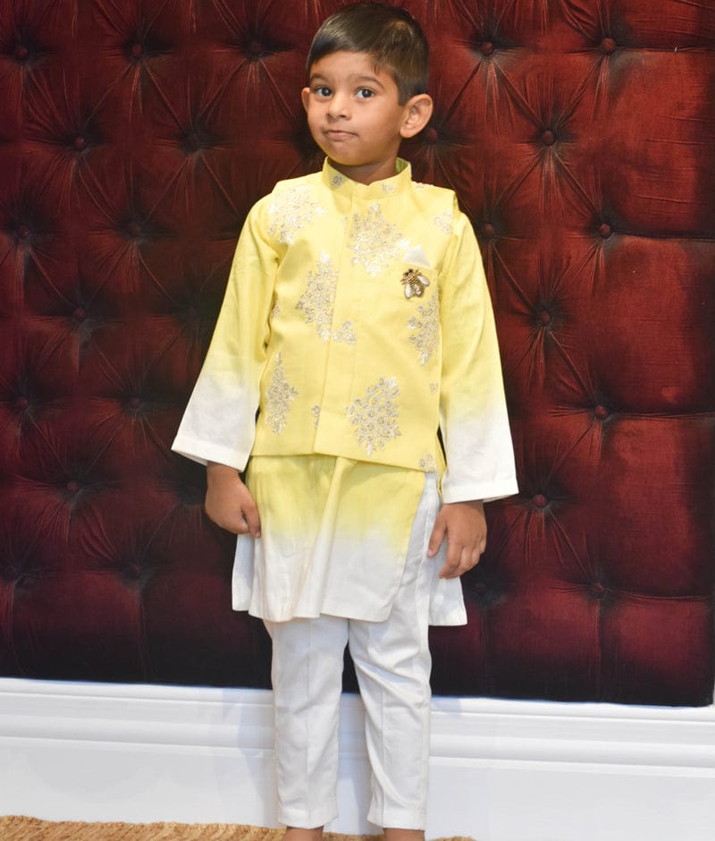 Fayon Kids Yellow Embroidery Jacket and Shaded Kurta and Pant for Boys