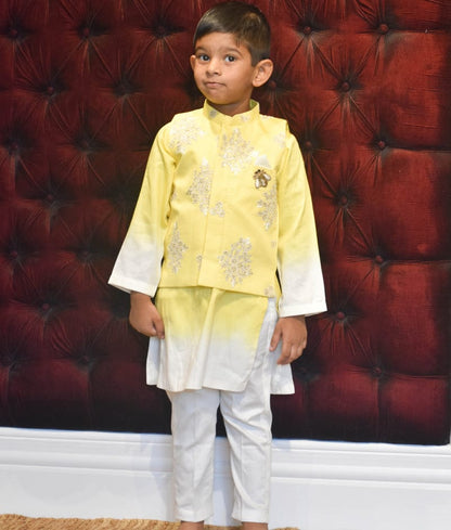 Fayon Kids Yellow Embroidery Jacket and Shaded Kurta and Pant for Boys