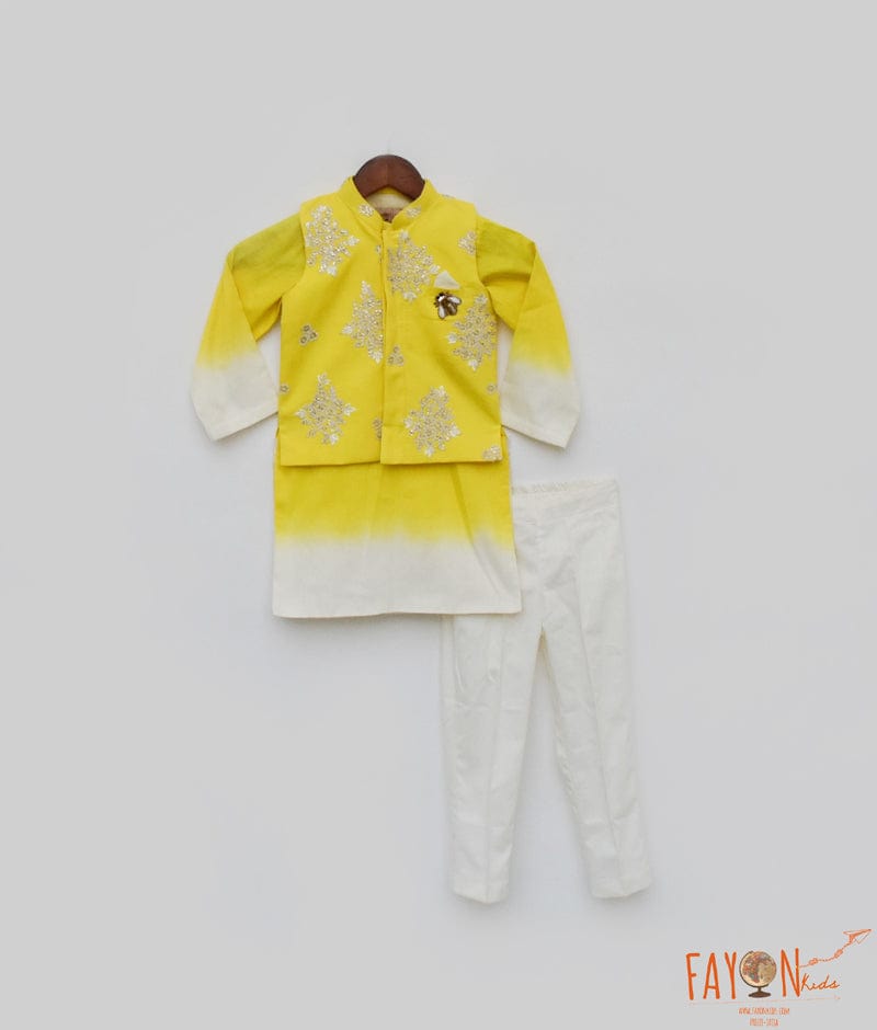 Fayon Kids Yellow Embroidery Jacket and Shaded Kurta and Pant for Boys