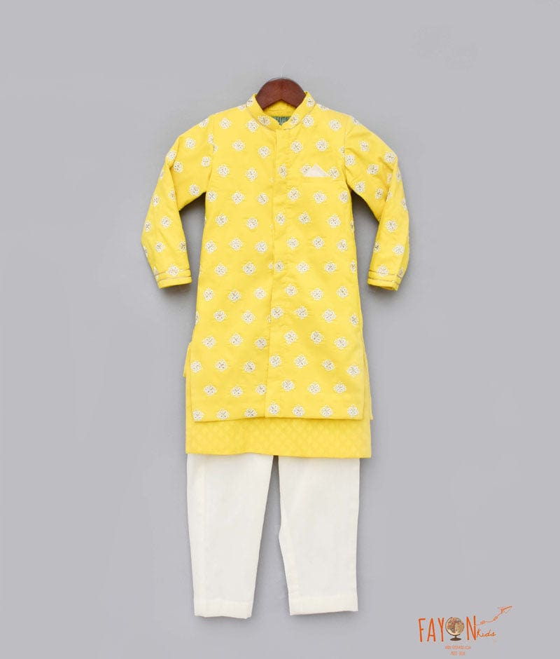 Fayon Kids Yellow Embroidery Jacket with Kurta Pant for Boys