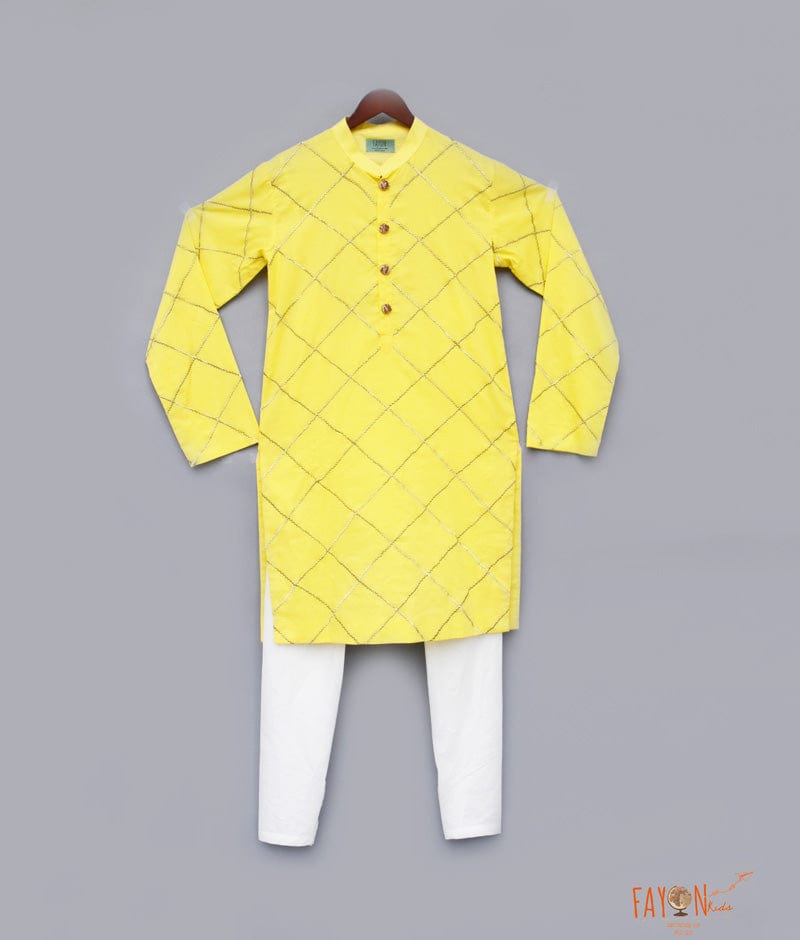 Yellow Embroidery Kurta with White Chudidar for Boys