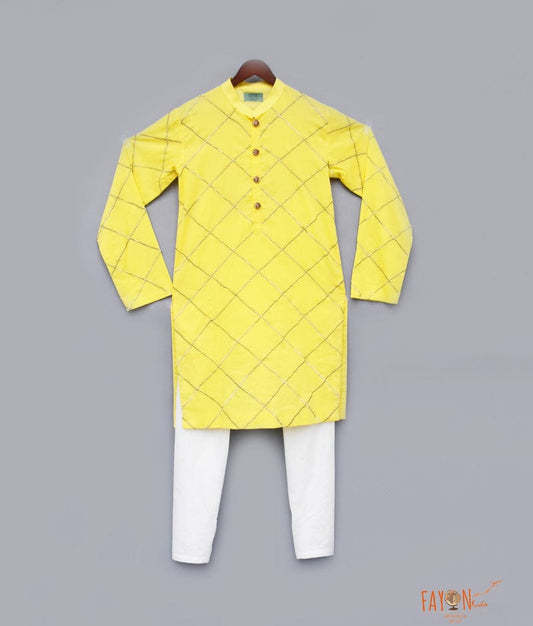 Yellow Embroidery Kurta with White Chudidar for Boys