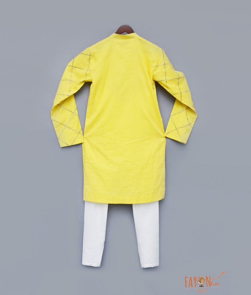 Yellow Embroidery Kurta with White Chudidar for Boys