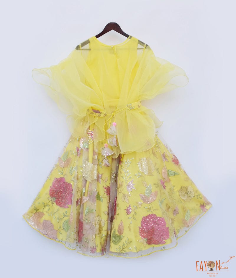 Fayon Kids Yellow Embroidery Lehenga Organza Cape for Girls