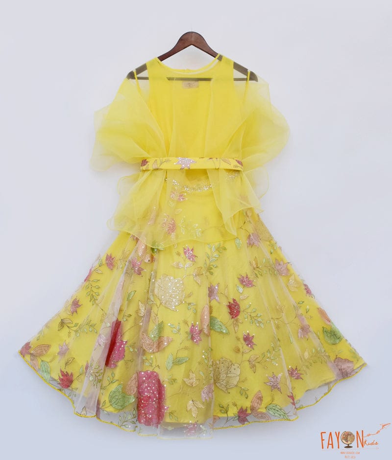 Fayon Kids Yellow Embroidery Lehenga Organza Cape for Girls