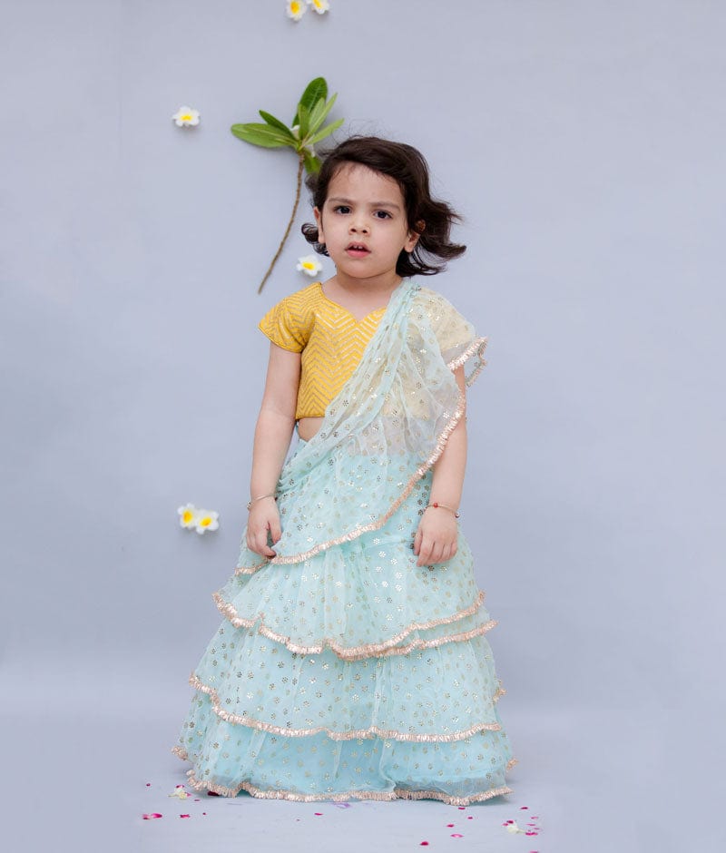 Fayon Kids Yellow Embroidery Light Blue Chiffon Saree for Girls