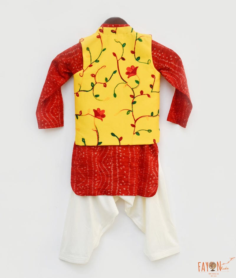 Fayon Kids Yellow Embroidery Nehru Jacket Red Bandhej Kurta Off White Salwar for Boys