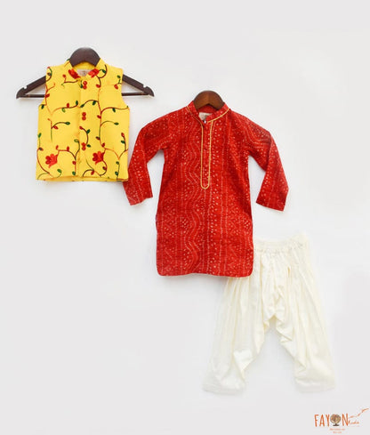 Fayon Kids Yellow Embroidery Nehru Jacket Red Bandhej Kurta Off White Salwar for Boys