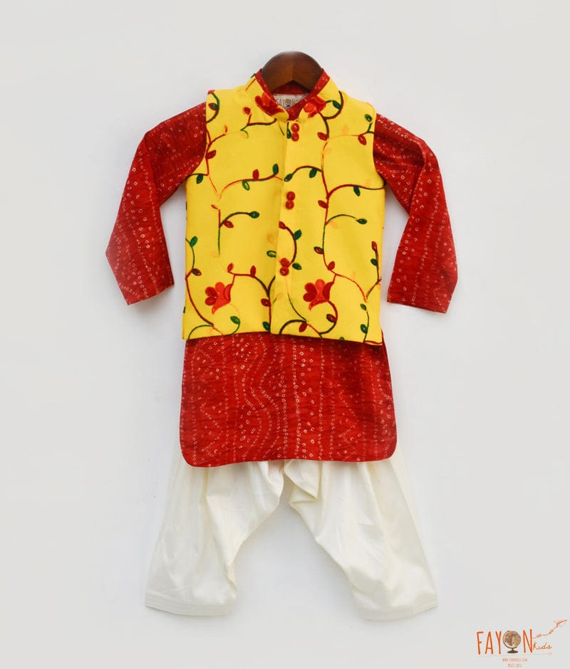 Yellow Embroidery Nehru Jacket Red Bandhej Kurta Off White Salwar for Boys