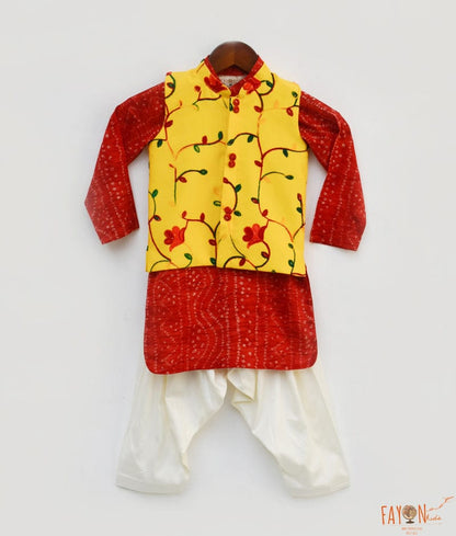 Yellow Embroidery Nehru Jacket Red Bandhej Kurta Off White Salwar for Boys