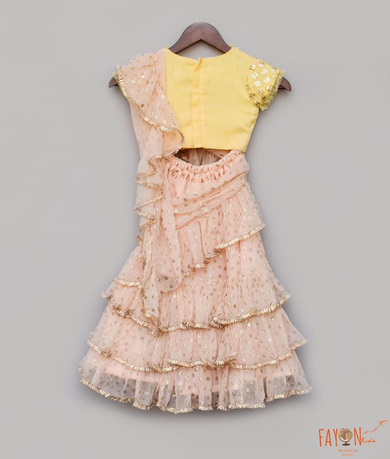 Yellow Embroidery Peach Chiffon Saree for Girls
