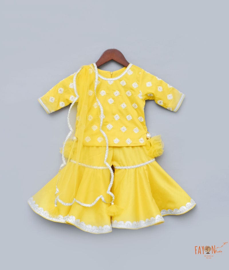 Fayon Kids Yellow Embroidery Sharara with Kurti Net Dupatta for Girls