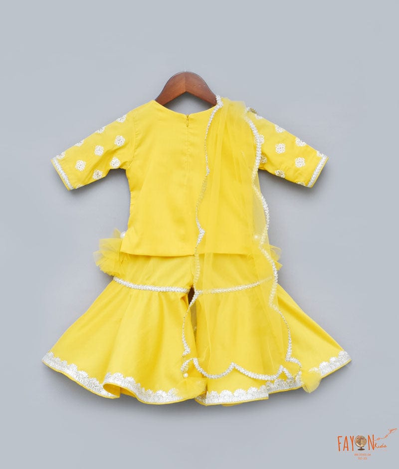 Fayon Kids Yellow Embroidery Sharara with Kurti Net Dupatta for Girls