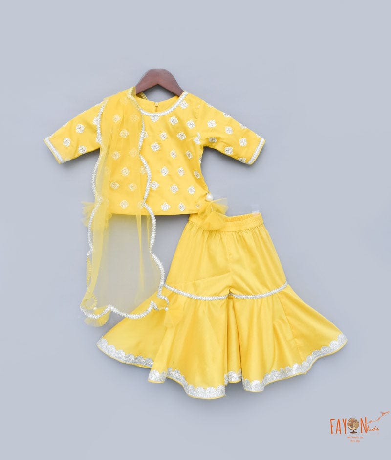 Fayon Kids Yellow Embroidery Sharara with Kurti Net Dupatta for Girls