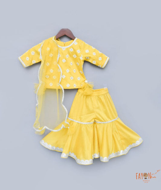 Fayon Kids Yellow Embroidery Sharara with Kurti Net Dupatta for Girls