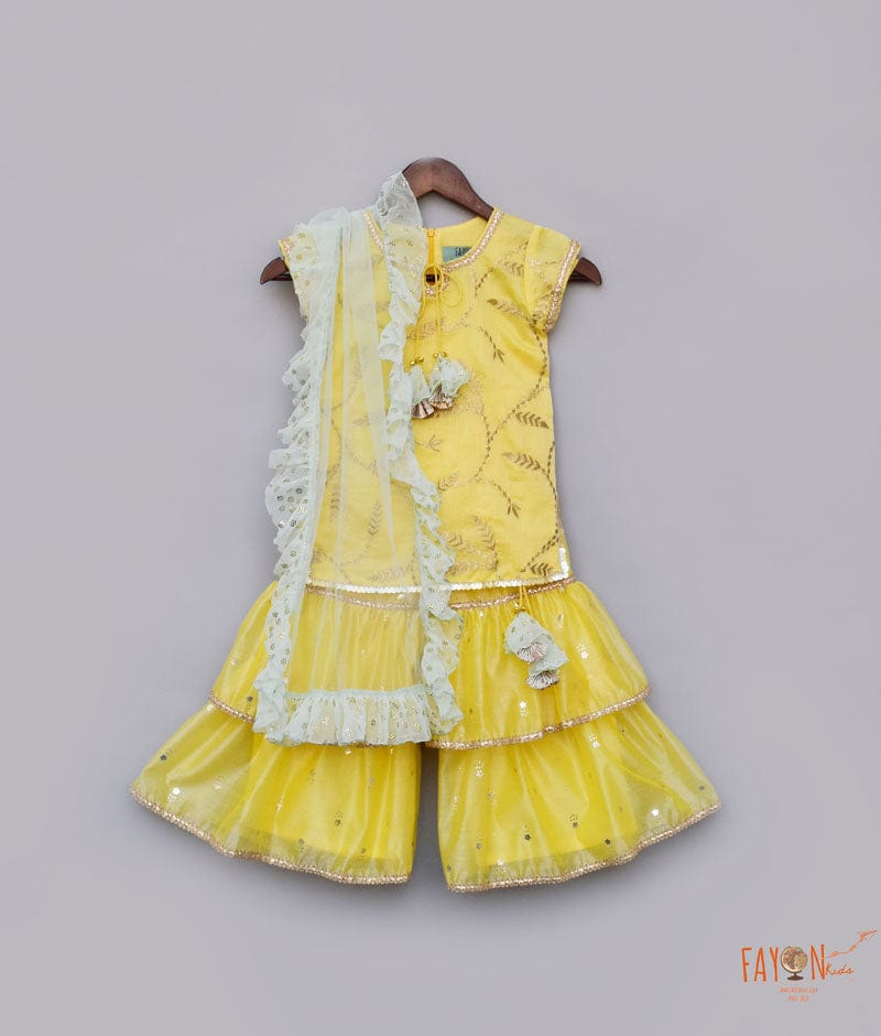 Fayon Kids Yellow Embroidery Yellow Foil Printed Sharara with Kurti Aqua Frill Dupatta for Girls