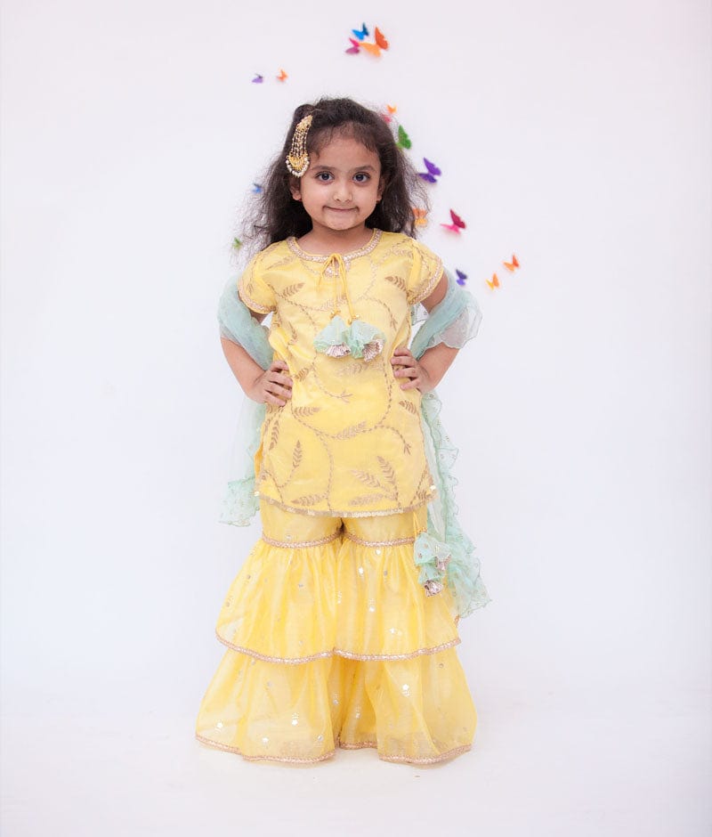 Fayon Kids Yellow Embroidery Yellow Foil Printed Sharara with Kurti Aqua Frill Dupatta for Girls