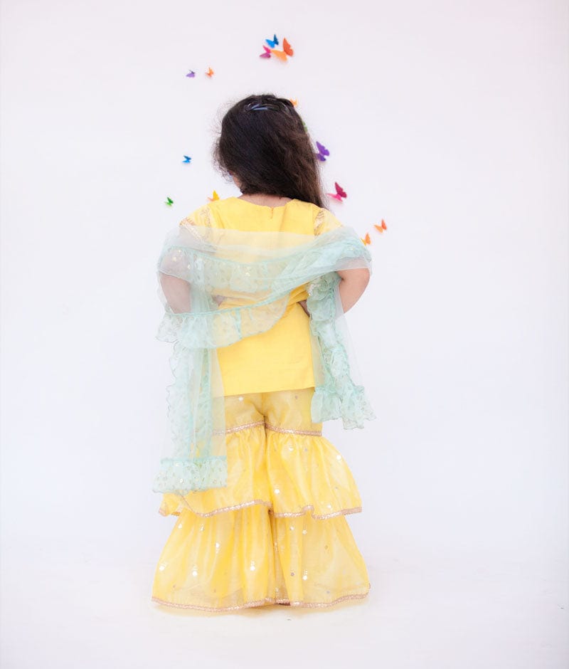 Fayon Kids Yellow Embroidery Yellow Foil Printed Sharara with Kurti Aqua Frill Dupatta for Girls