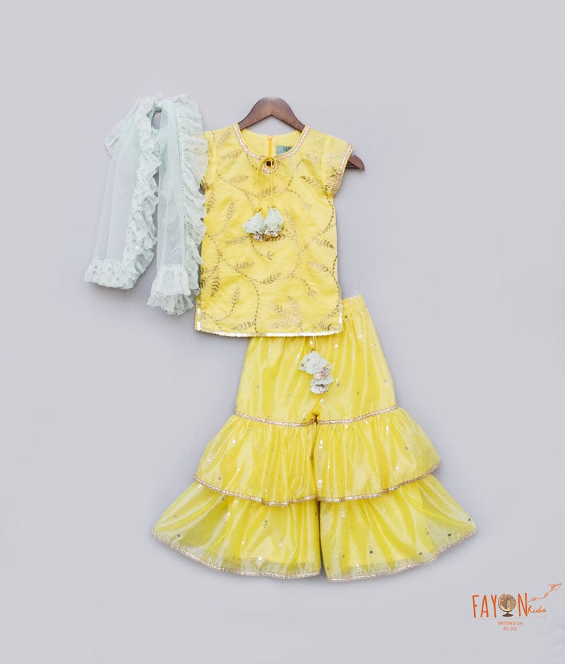 Fayon Kids Yellow Embroidery Yellow Foil Printed Sharara with Kurti Aqua Frill Dupatta for Girls