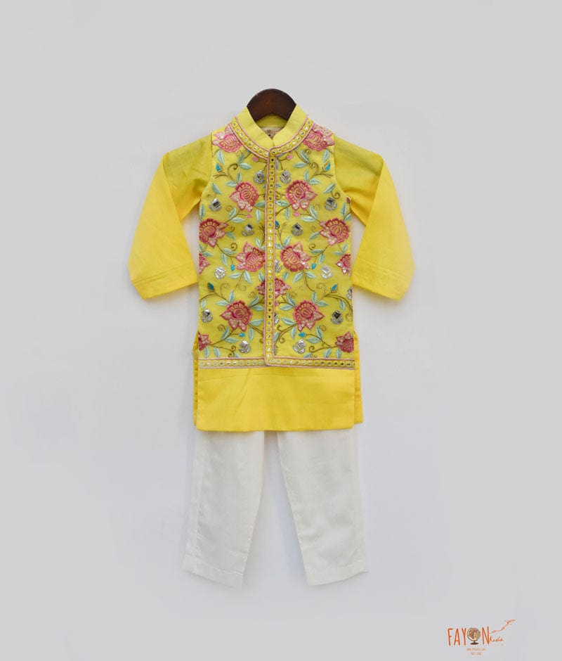 Fayon Kids Yellow Flower Embroidery Jacket with Kurta Pant for Boys
