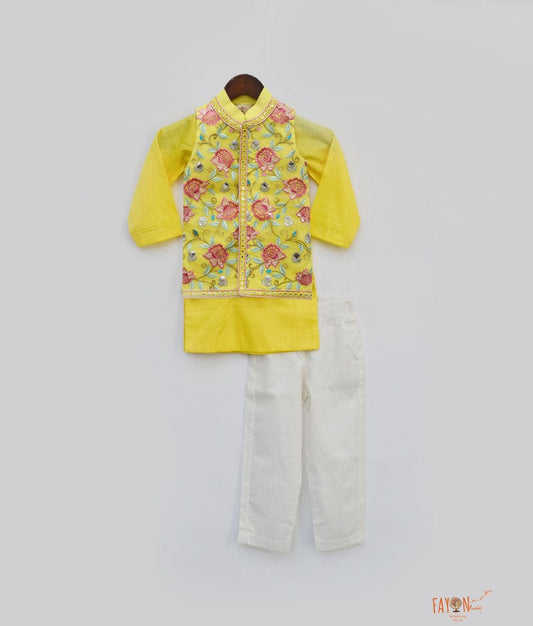 Yellow Flower Embroidery Jacket with Kurta Pant for Boys