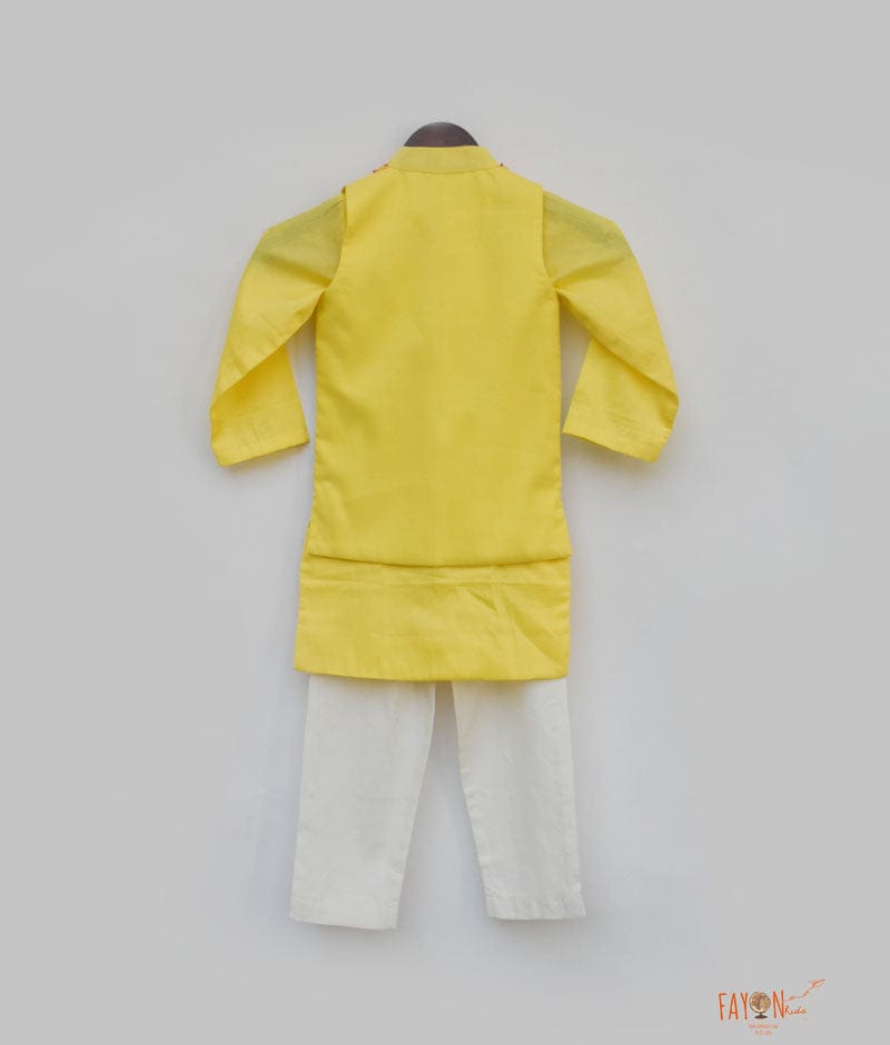Yellow Flower Embroidery Jacket with Kurta Pant for Boys