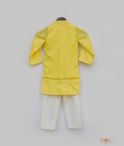 Fayon Kids Yellow Flower Embroidery Jacket with Kurta Pant for Boys