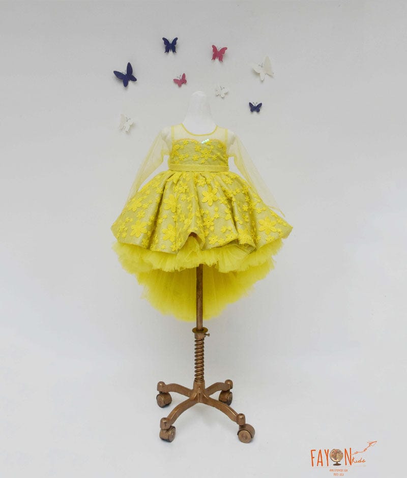 Fayon Kids Yellow Flowers Embroidery High Low Dress for Girls