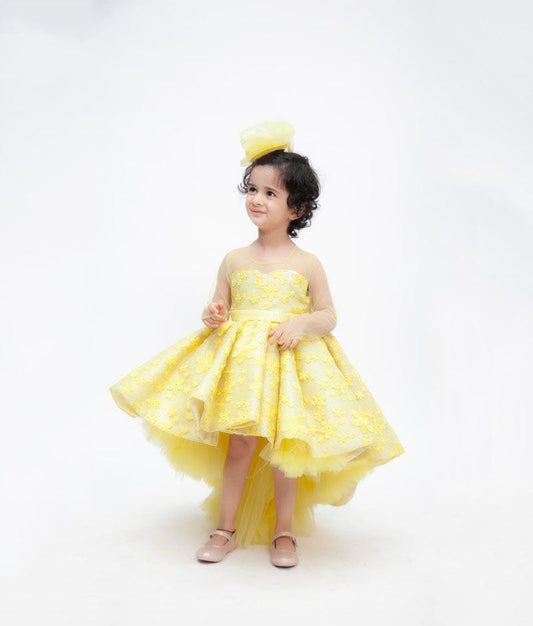 Fayon Kids Yellow Flowers Embroidery High Low Dress for Girls