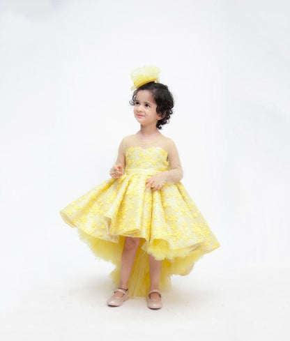 Fayon Kids Yellow Flowers Embroidery High Low Dress for Girls