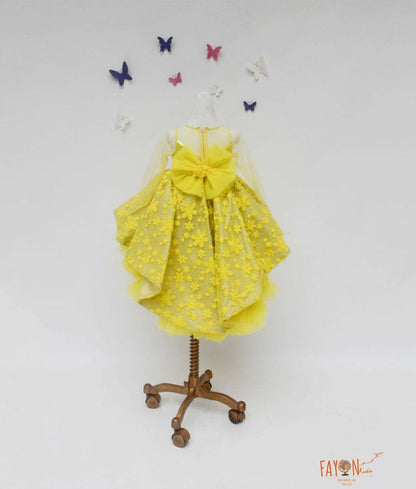 Fayon Kids Yellow Flowers Embroidery High Low Dress for Girls