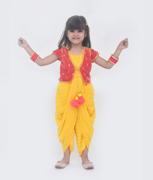 Fayon Kids Yellow Foil Georgette Red Velvet Dhoti Set for Girls